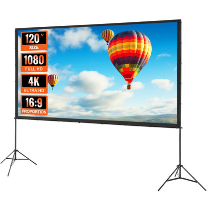 120 Inch Projector Screen with Stand – 16:9 4K 1080P HD Wrinkle-Free Outdoor & Indoor Movie Screen with Tripods & Carry Bag for Home Theater, Backyard Movie Night