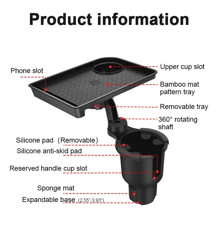 Car Cup Holder Expander with Food Tray – 360° Rotating Adjustable Drink Holder for Cars & SUVs