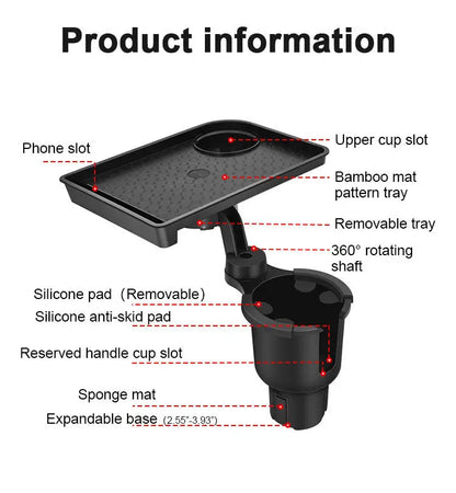 Car Cup Holder Expander with Food Tray – 360° Rotating Adjustable Drink Holder for Cars & SUVs