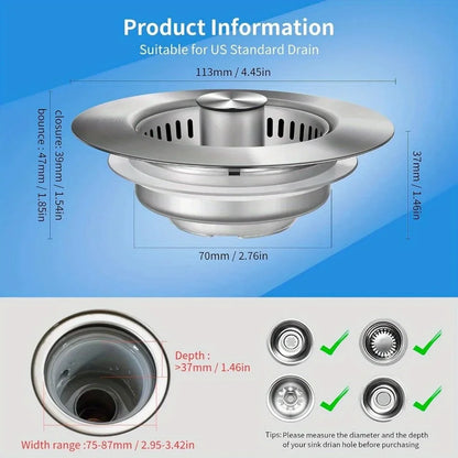 3-in-1 Stainless Steel Sink Strainer | Anti-Clog Pop-Up Drain Filter