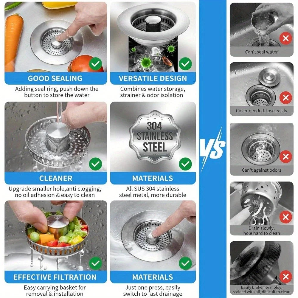 3-in-1 Stainless Steel Sink Strainer | Anti-Clog Pop-Up Drain Filter