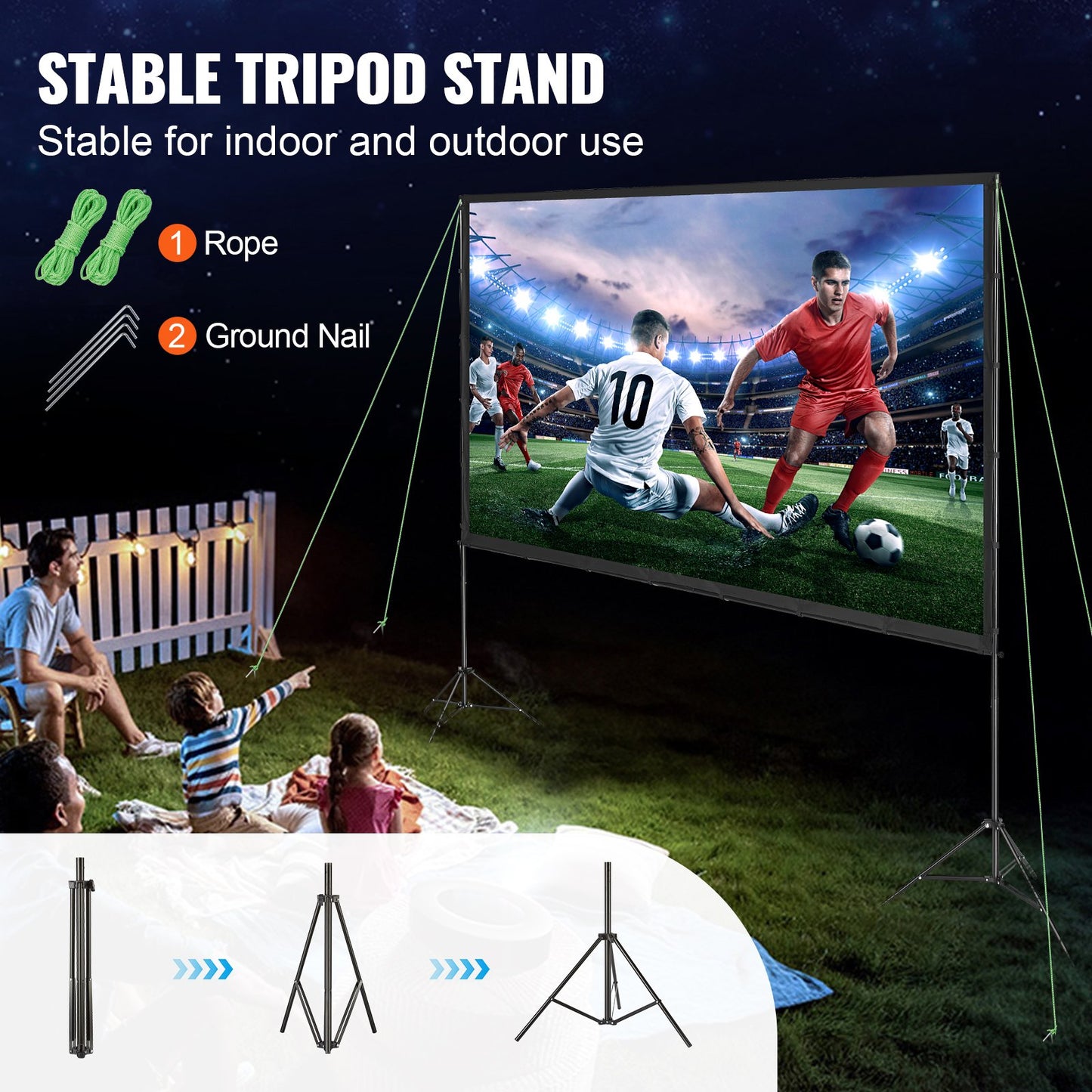 120 Inch Projector Screen with Stand – 16:9 4K 1080P HD Wrinkle-Free Outdoor & Indoor Movie Screen with Tripods & Carry Bag for Home Theater, Backyard Movie Night